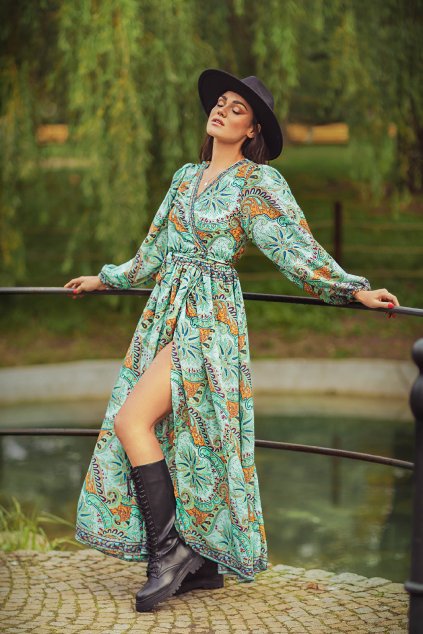 Zavinovací šaty s dlouhým rukávem Paisley - zelená s oranžovou