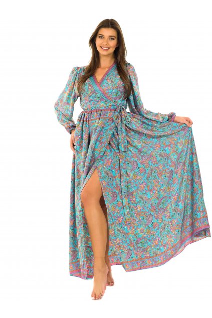 Zavinovací šaty s dlouhým rukávem Paisley - tyrkysová s fialovou