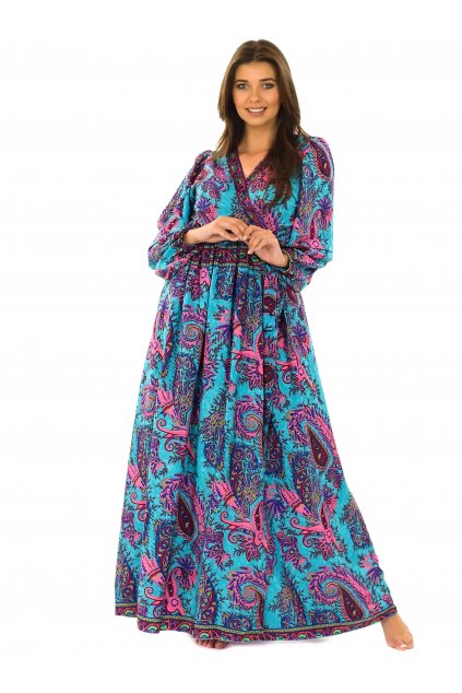 Zavinovací šaty s dlouhým rukávem Paisley - tyrkysová s růžovou
