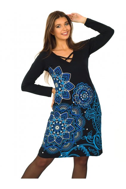 Šaty s dlouhým rukávem Zara - černá s modrou