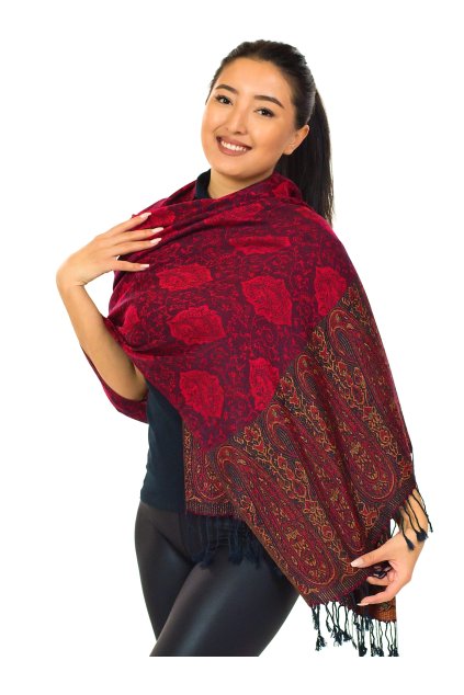 Šátek pašmína Nepal - černá s červenou