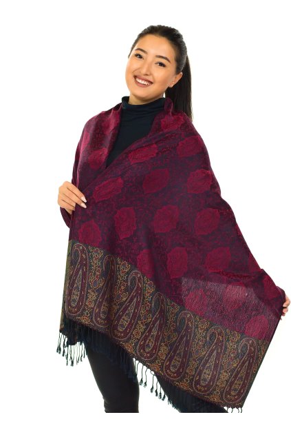 Šátek pašmína Nepal - černá s vínovou