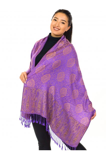Šátek pašmína Nepal - fialová se zlatou