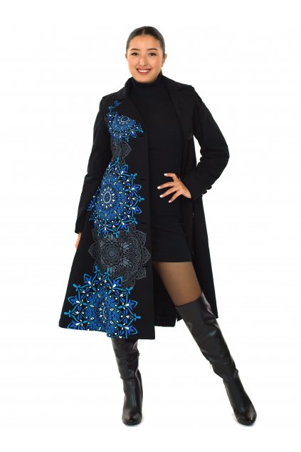 Podzimní/zimní kabát Princess - černý s tyrkysovou a šedou