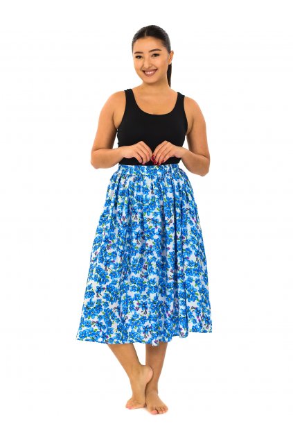 Kolová maxi sukně s kapsami Pomněnky - bílá s modrou