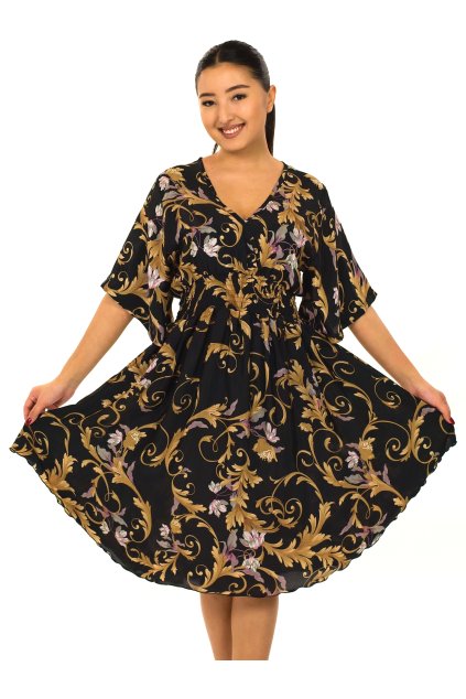Šaty s širokými rukávy Zahara - černé s růžovou a zlatou