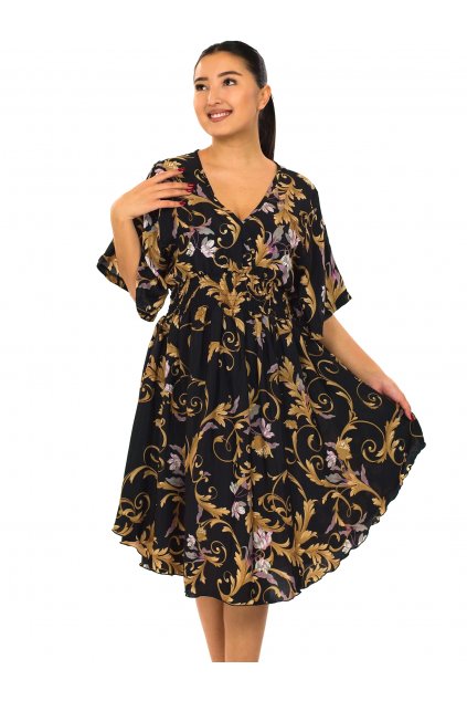 Šaty s širokými rukávy Zahara - černé s růžovou a zlatou