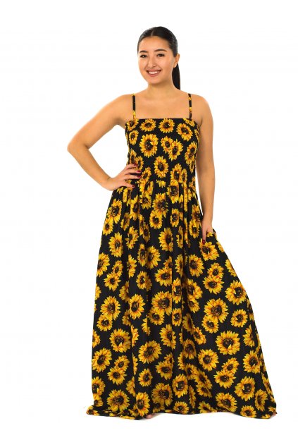 Dlouhé šaty s kapsami Slunečnice - černá se žlutou
