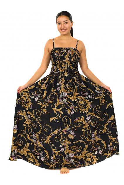Dlouhé šaty s kapsami Zahara - černé s růžovou a zlatou