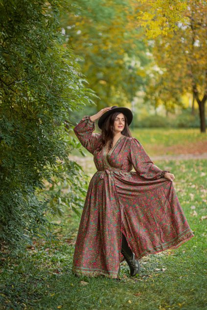 Zavinovací šaty s dlouhým rukávem Paisley hnědá s barvami (1)