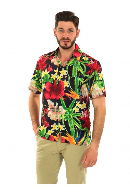 Pánská košile Tropické květy - černá s barvami