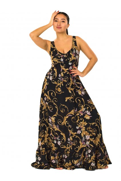 Dlouhé šaty s volány Zahara - černé s růžovou a zlatou