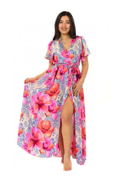 Dlouhé zavinovací šaty Vayana - modrá s růžovou
