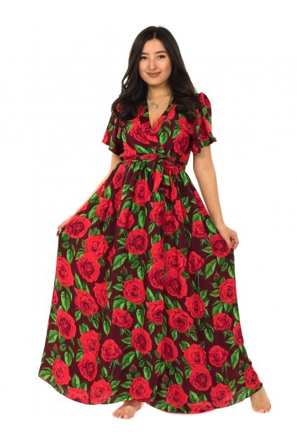Dlouhé zavinovací šaty Růže - hnědá s červenou