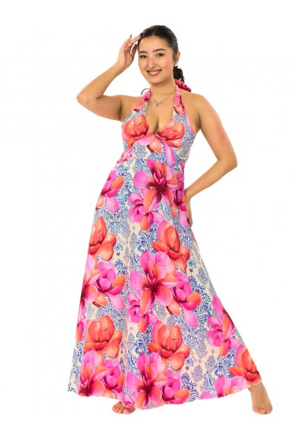 Šaty se zavazováním za krk Vayana - modrá s růžovou