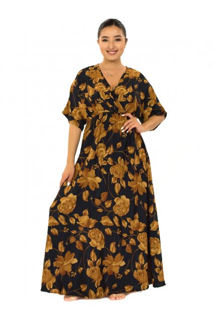 Dlouhé maxi šaty s krátkým rukávem Laila - černá se zlatou