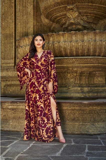 Zavinovací šaty s maxi rukávy Persia - vínová se zlatou