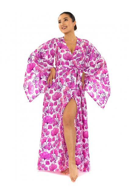Zavinovací šaty s maxi rukávy Taina - bílá s růžovou