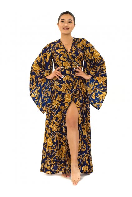 Zavinovací šaty s maxi rukávy Royal - tmavě modré se zlatou