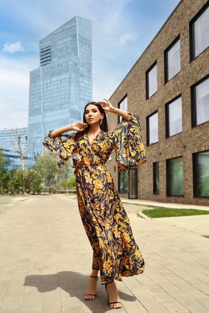 Zavinovací šaty s maxi rukávy Royal - tmavě modré se zlatou