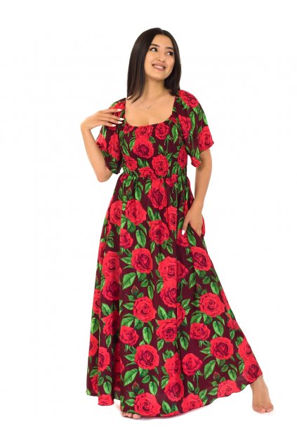 Dlouhé šaty Růže - hnědá s červenou