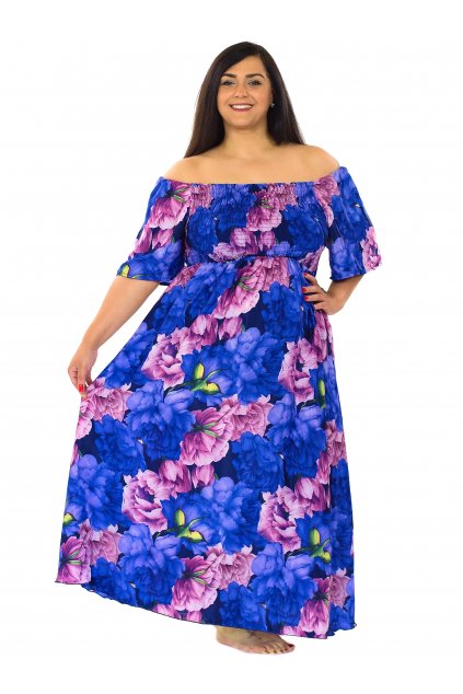 Dlouhé šaty Pivoňka - modrá s fialovou a růžovou