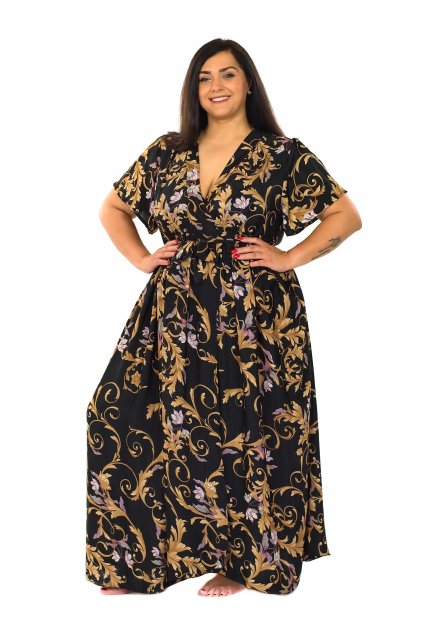 Dlouhé zavinovací šaty Zahara - černé s růžovou a zlatou