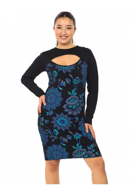 Šaty s dlouhým rukávem Kirpa - černá s tyrkysovou a modrou