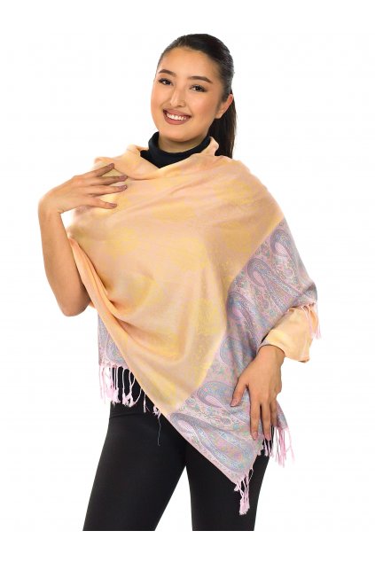 Šátek pašmína Nepal - žlutá s růžovou