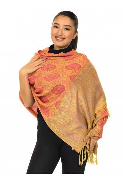 Šátek pašmína Nepal - zlatá s růžovou