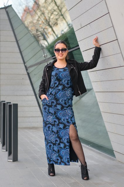 Dlouhé šaty s kapsami Etisha černá s modrou (1)