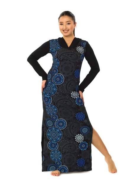 Dlouhé šaty s kapucí Priya - černá s modrou