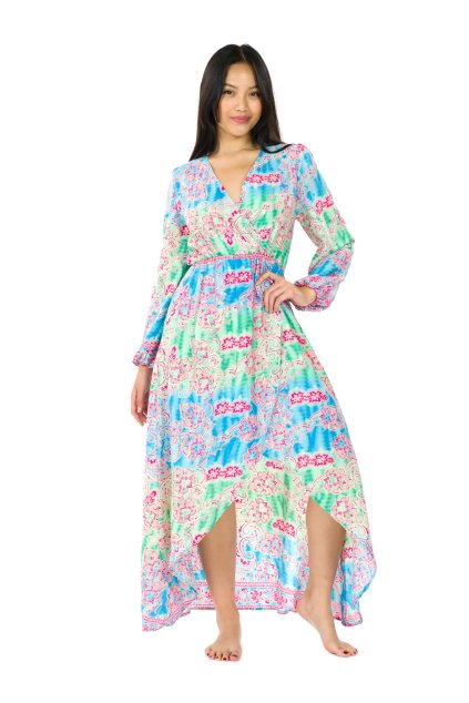 Šaty s dlouhým rukávem Paisley - limetka s tyrkysovou