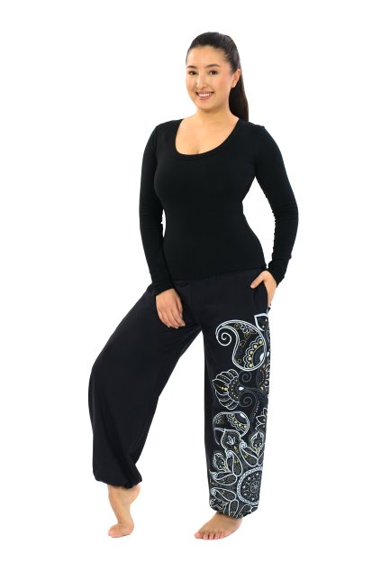 Kalhoty Thea černá s bílou a béžovou (1)