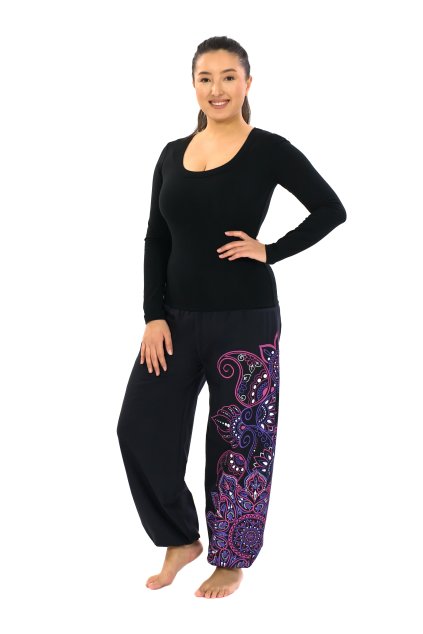 Kalhoty Thea černá s růžovou a fialovou (1)