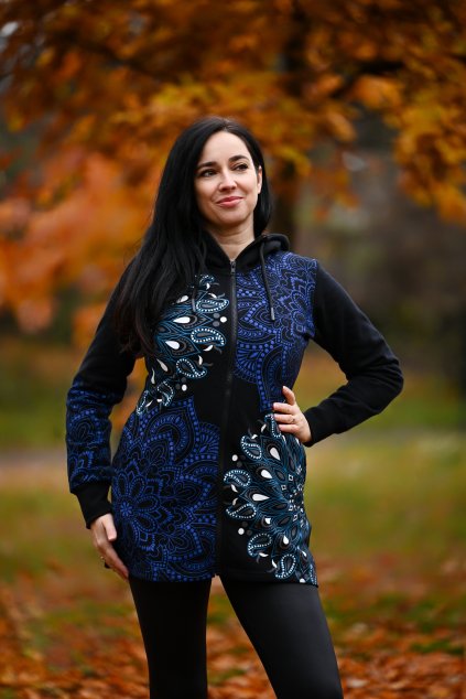 Hřejivá mikina na zip s kapucí Lila černá s tyrkysovou a modrou (9)