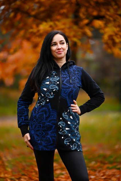 Hřejivá mikina na zip s kapucí Lila černá s tyrkysovou a modrou (12)