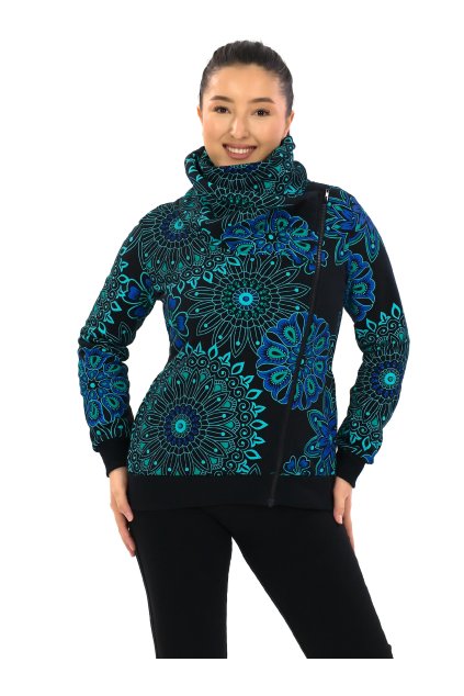 Hřejivá mikina na zip s maxi límcem Sari černá s tyrkysovou a modrou (2)