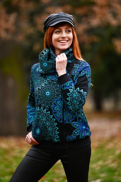 Hřejivá mikina na zip s maxi límcem Sari černá s tyrkysovou a modrou (7) kk