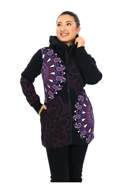 Hřejivá mikina na zip s kapucí Lila černá s růžovou a fialovou (5)