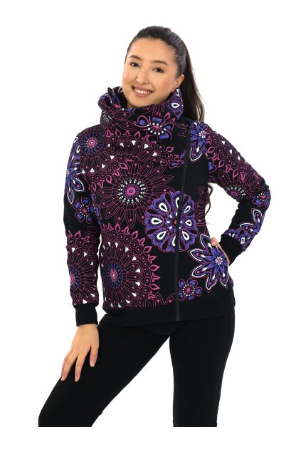 Hřejivá mikina na zip s maxi límcem Sari černá s růžovou a fialovou (4)