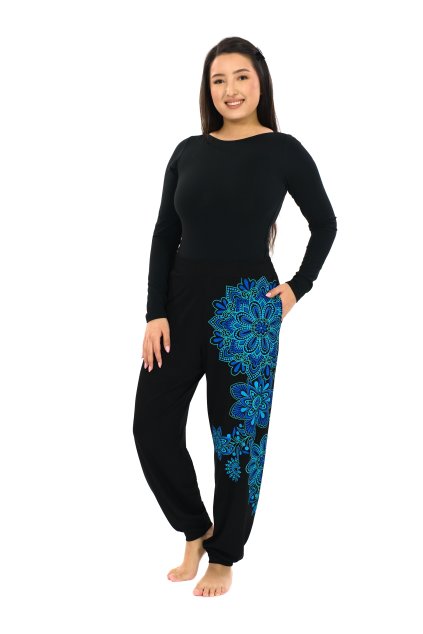 Kalhoty Tanisha černá s tyrkysovou a modrou