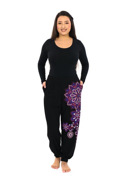 Kalhoty Tanisha černá s růžovou a fialovou (4)