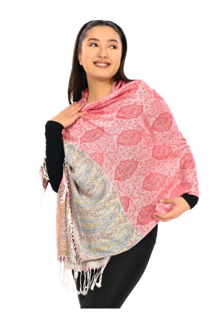 Šátek pašmína Nepal - růžová s béžovou