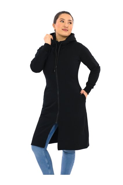 Prodloužená mikina na zip s kapucí Plain Isa - černá
