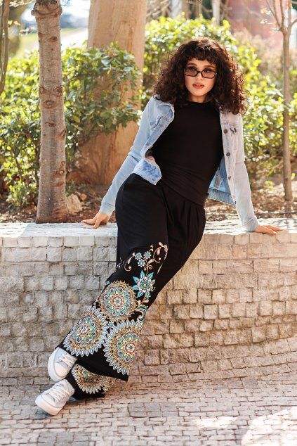 Kalhoty Samika černá s tyrkysovou a béžovou2