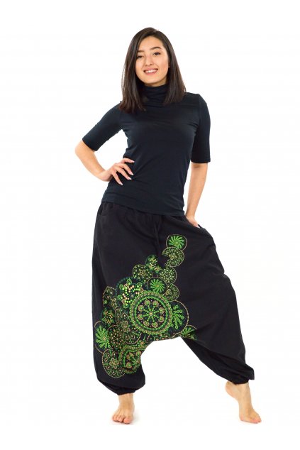 Harémové kalhoty Saura - černá se zelenou