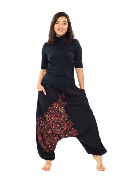 Harémové kalhoty Saura - černá s červenou