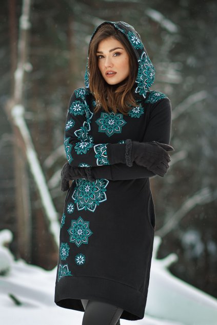 Šatomikina s maxi kapucí Pokhara - černá s tyrkysovou