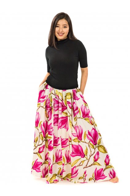 Maxi sukně s kapsami Magnólie  - bílá s růžovou